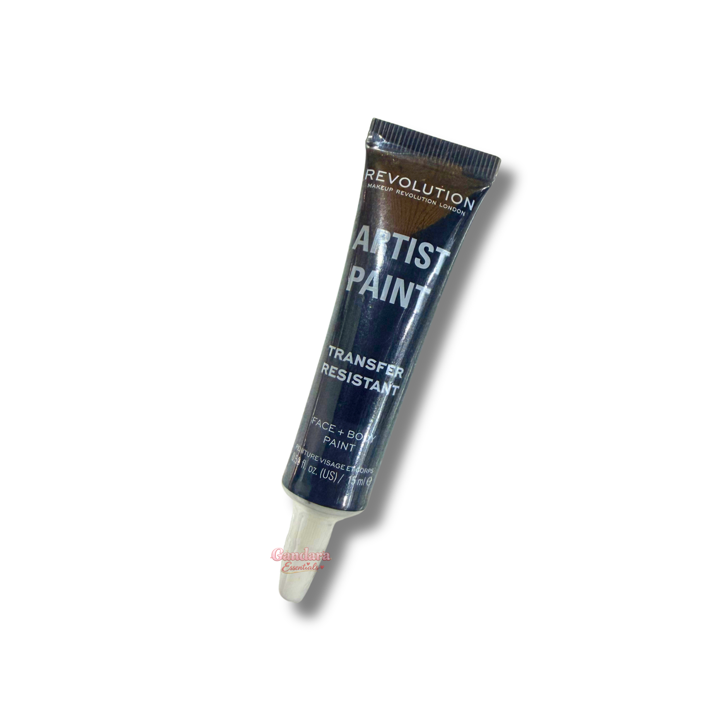 Revolution Artist Paint Transfer Resistant black face and body paint tube, 15mL with black cap and label.