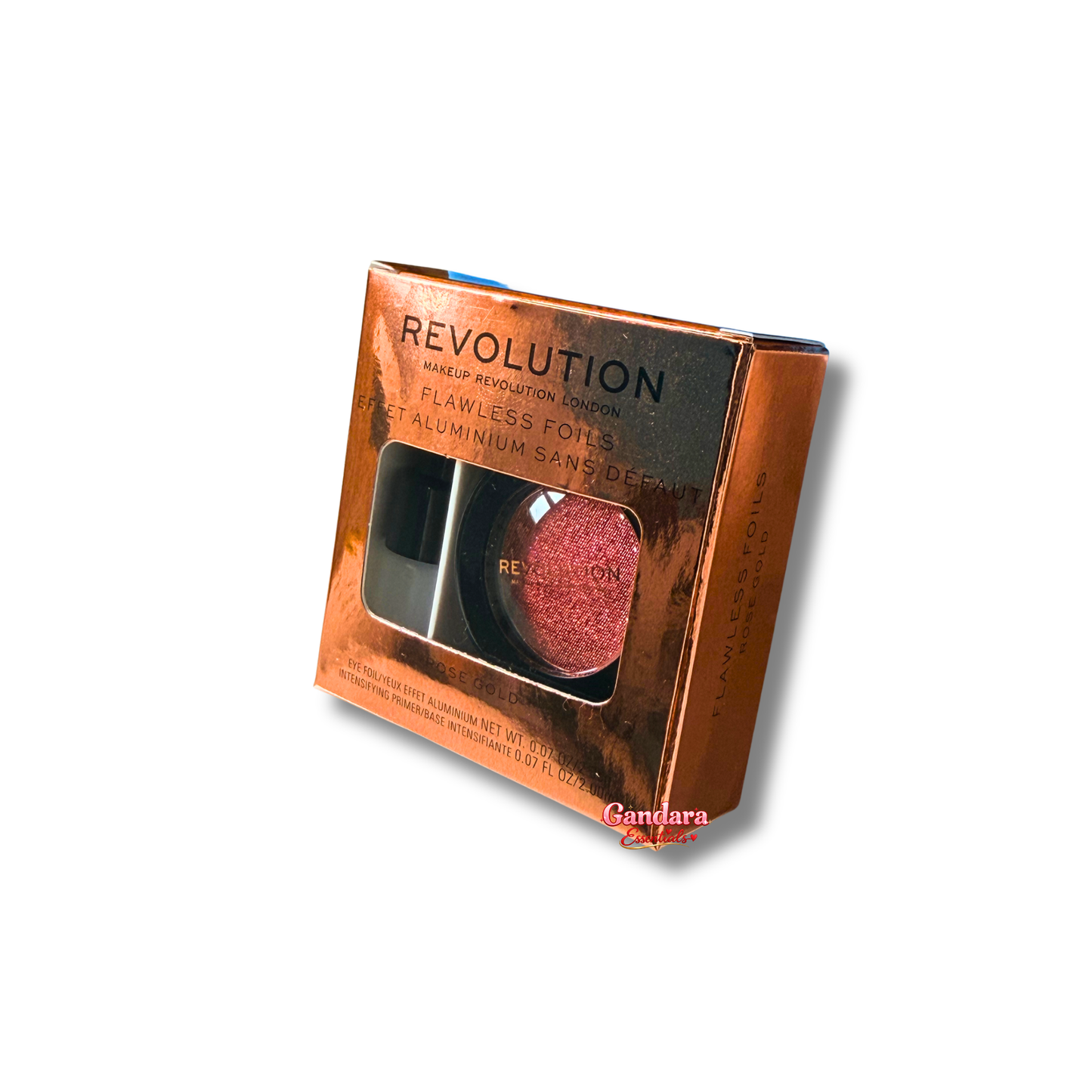 Revolution Flawless Foils Effet Aluminum Rose Gold eye shadow and intensifying primer set with metallic finish and smooth texture.