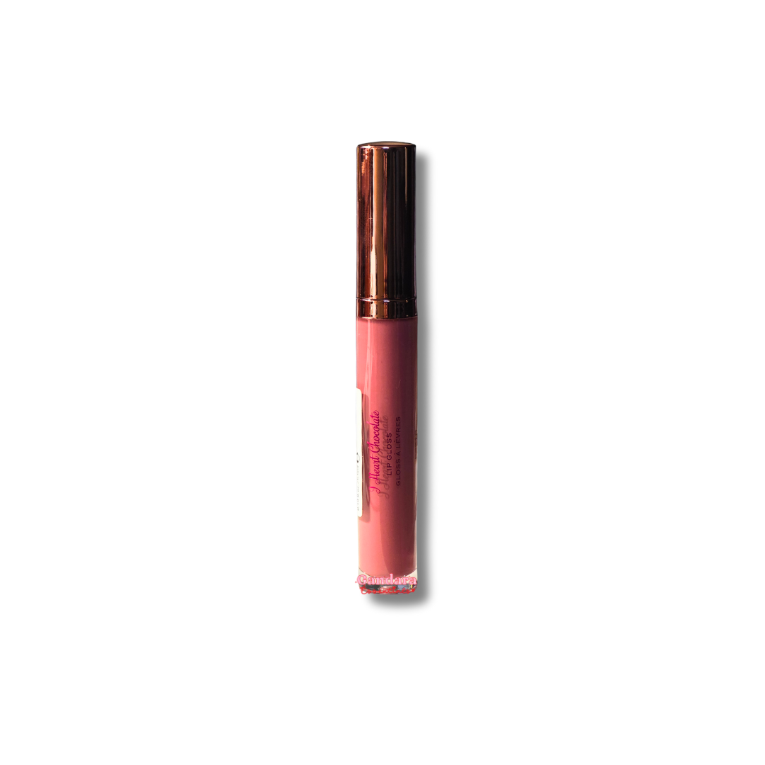 Revolution I Heart Chocolate lip gloss in a 0.19 oz tube, featuring a rich chocolate brown shade.