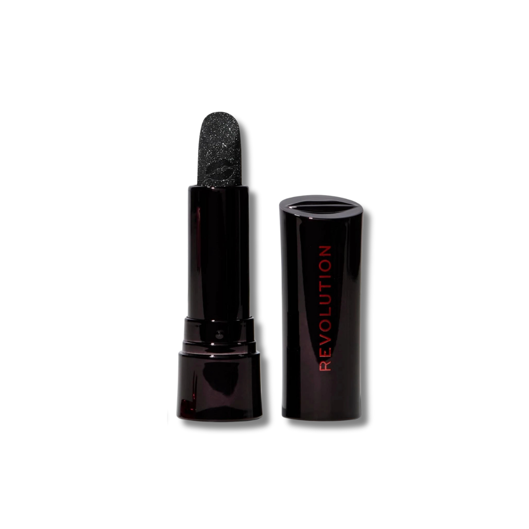 Revolution Sinful Black Shimmer Lipstick in a sleek tube, showcasing its rich black hue and shimmering finish.