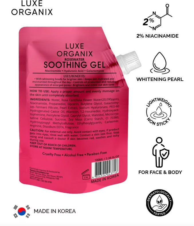 Luxe Organix Rosewater Soothing Gel with Whitening Pearl, soft gel in a jar, highlighting its calming and brightening skincare benefits.