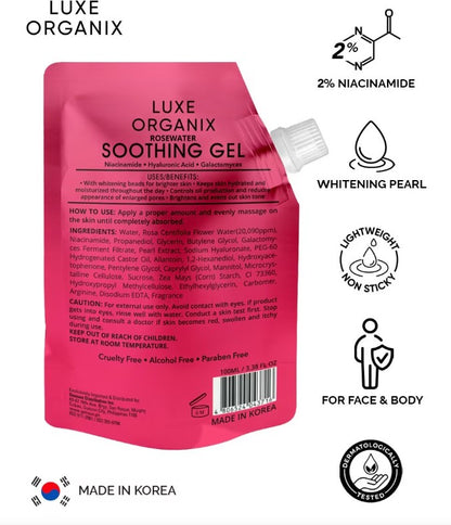 Luxe Organix Rosewater Soothing Gel with Whitening Pearl, soft gel in a jar, highlighting its calming and brightening skincare benefits.