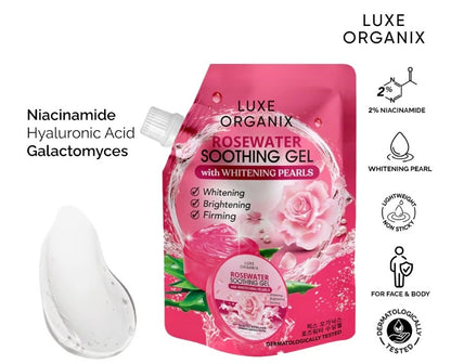 Luxe Organix Rosewater Soothing Gel with Whitening Pearl in a clear jar, showcasing the gel's light pink color and pearl accents.