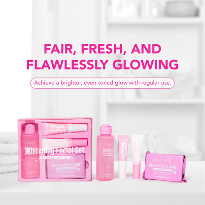 Brilliant Skin Essentials whitening facial skin care set with shampoo and conditioner bottles, maintaining healthy skin and hair.