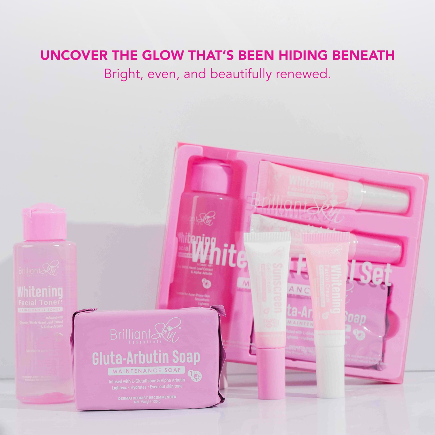 Brilliant Skin Essentials whitening facial set with shampoo and conditioner for skin maintenance and brightening.