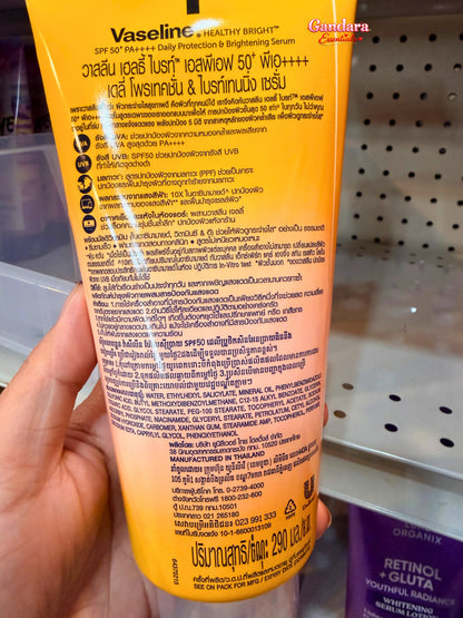 Vaseline Healthy Bright Daily Protection body lotion with SPF50+ PA++++, 290mL, showing the bottle with bright packaging.