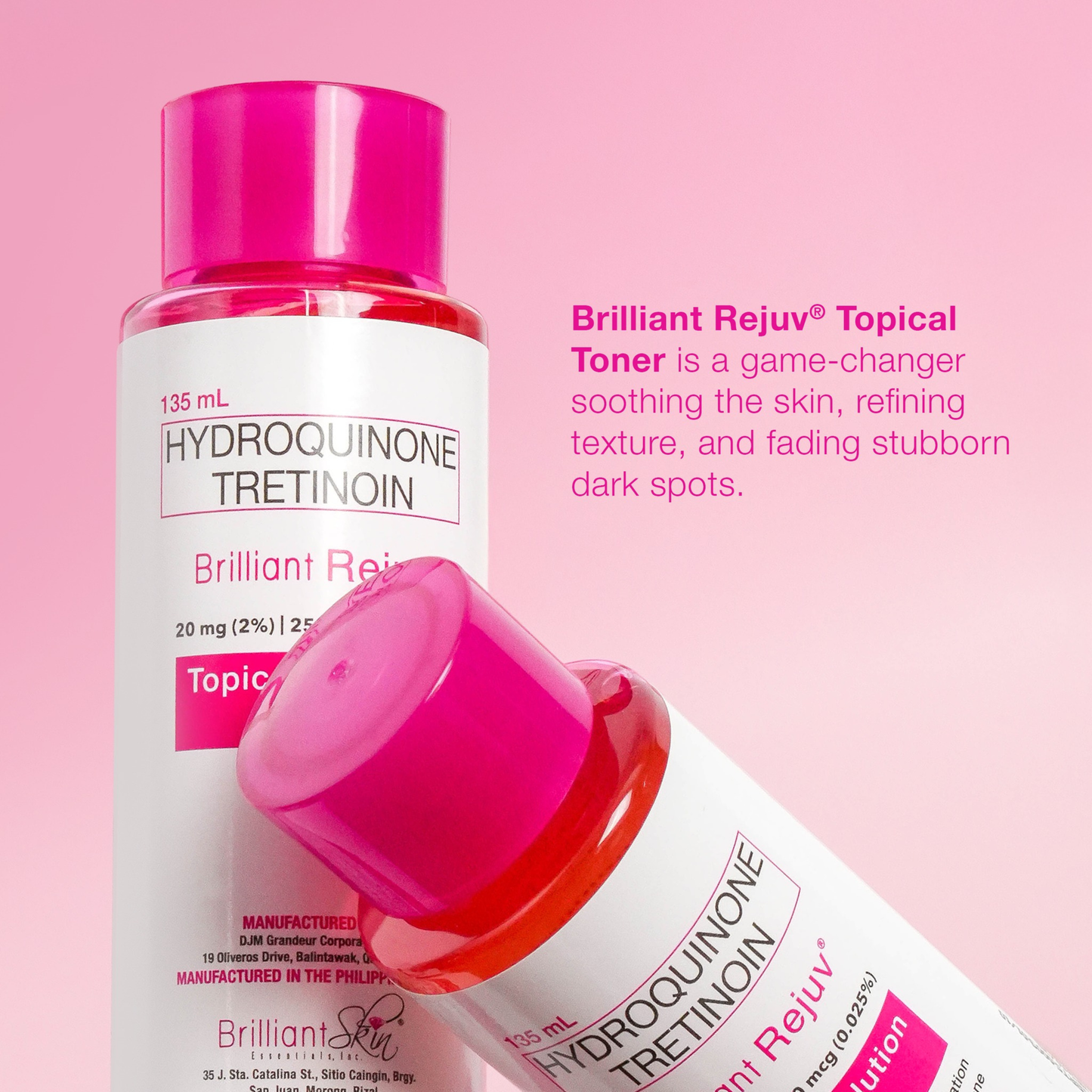 Brilliant Skin Essentials Rejuv Toner 135mL bottle with a sleek design, showcasing the product label and liquid inside.