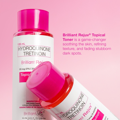 Brilliant Skin Essentials Rejuv Toner 135mL bottle with a sleek design, showcasing the product label and liquid inside.