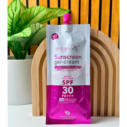 Brilliant Skin Essentials sunscreen gel cream in a 50g tube, showcasing a lightweight texture and smooth application.