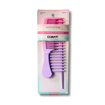 Conair Hello Spring Collection hair combs set featuring three colorful detangling tools for effortless styling.