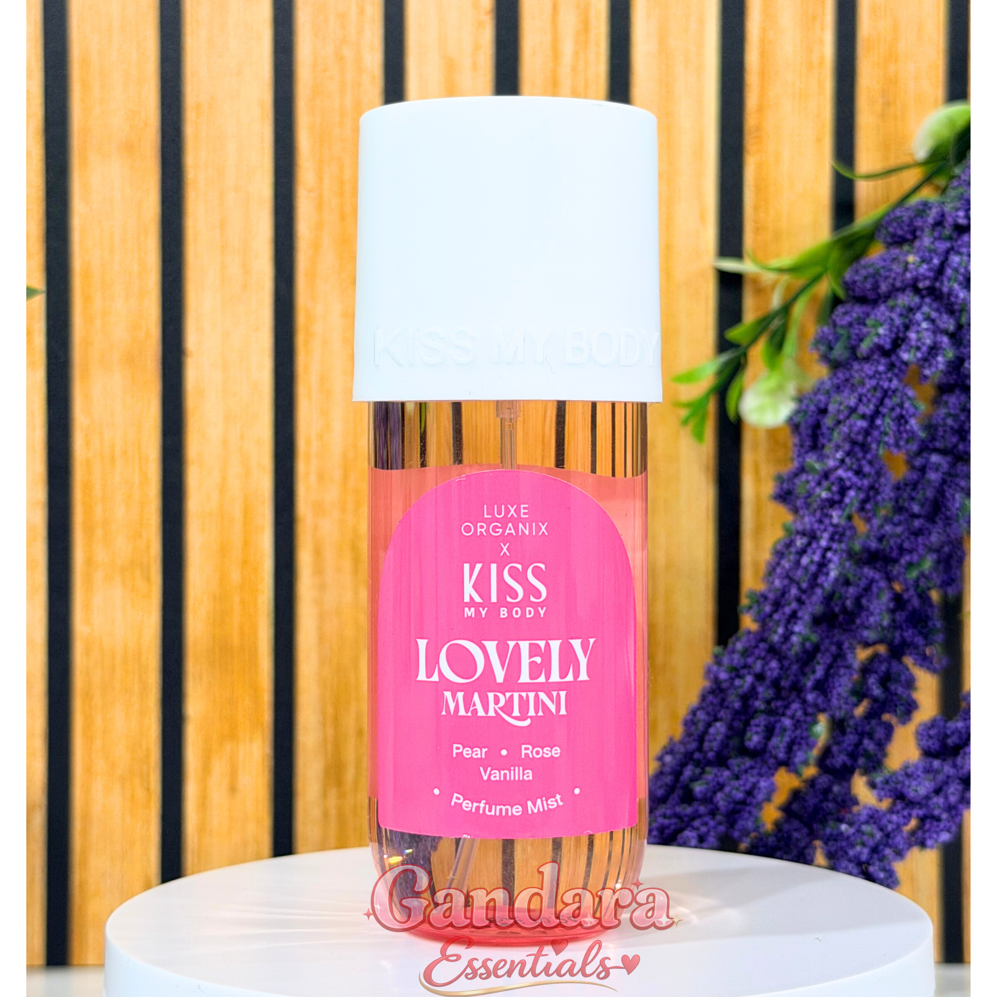 Luxe Organix Kiss My Body Lovely Martini Perfume Mist in a sleek bottle, 88mL, featuring a floral and fruity scent.