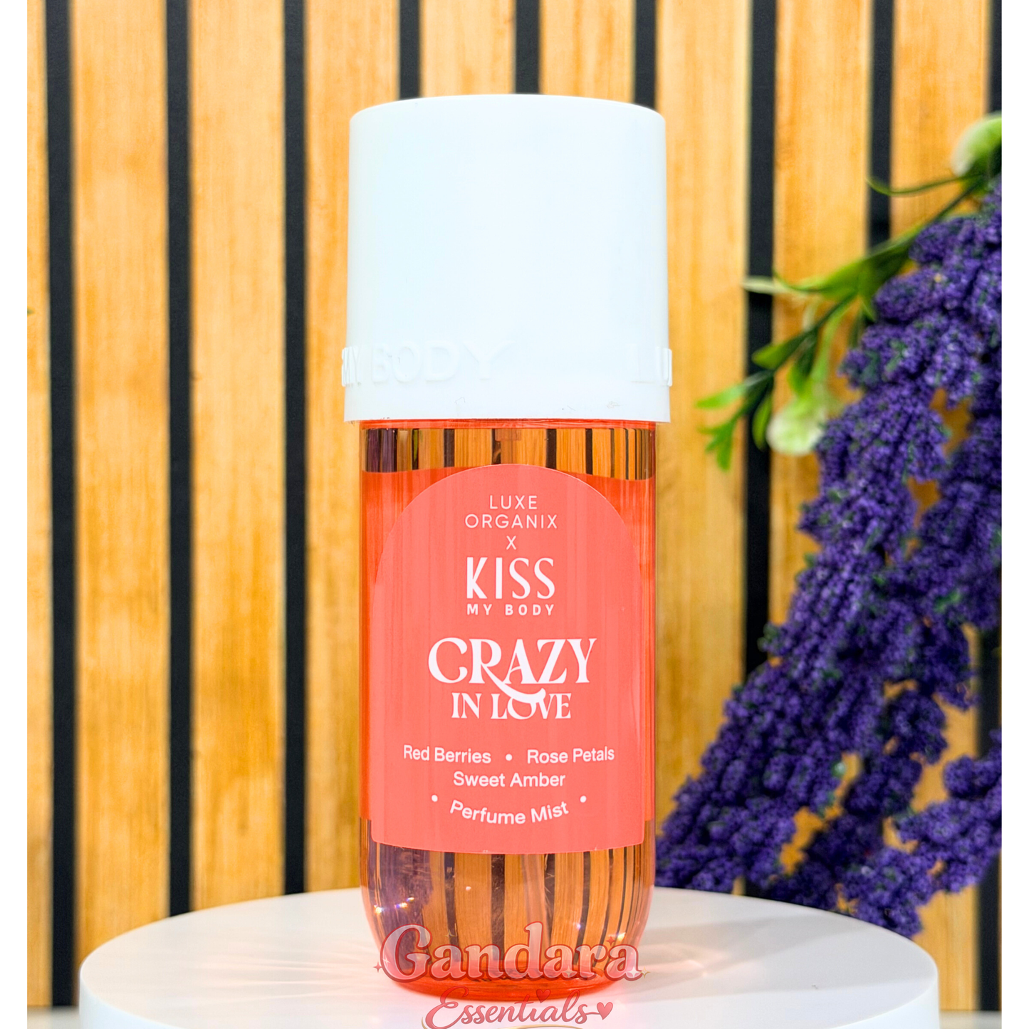 Luxe Organix Kiss my Body Crazy in Love Perfume Mist bottle with floral design, 88mL, displayed on a light background.