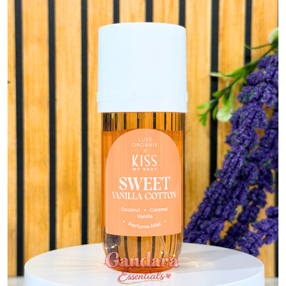 Luxe Organix Kiss my Body Sweet Vanilla Cotton Perfume Mist bottle with a soft, floral design against a neutral background.