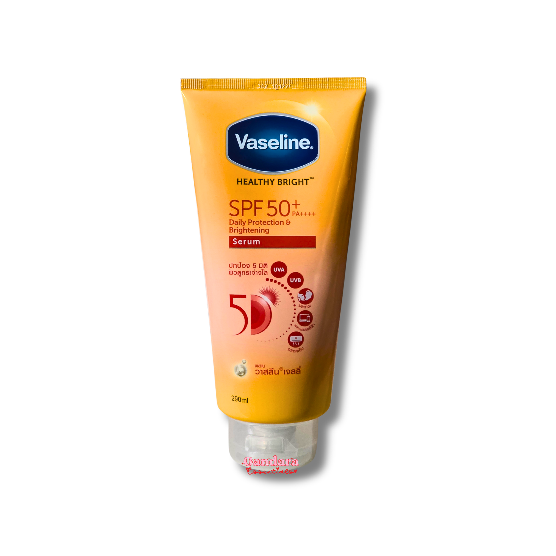 Vaseline Healthy Bright daily body serum SPF50+ PA++++ lotion in a 290mL bottle, showcasing the brightening and protective formula.