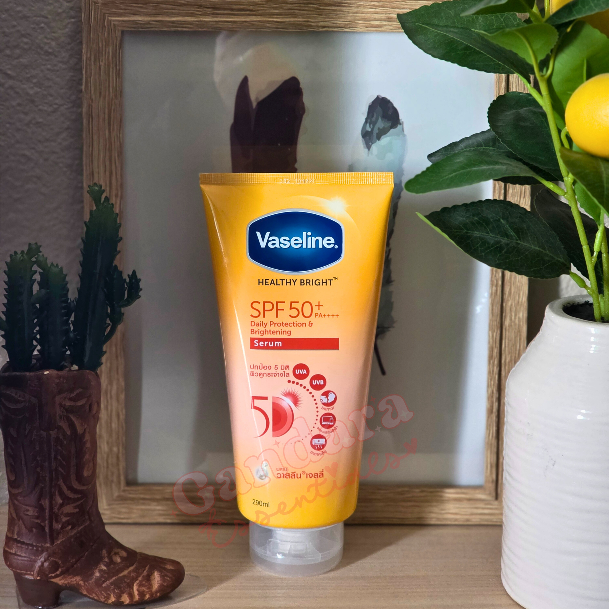 Vaseline Healthy Bright Daily Protection Body Serum SPF50+ in a 290mL bottle with a brightening formula.