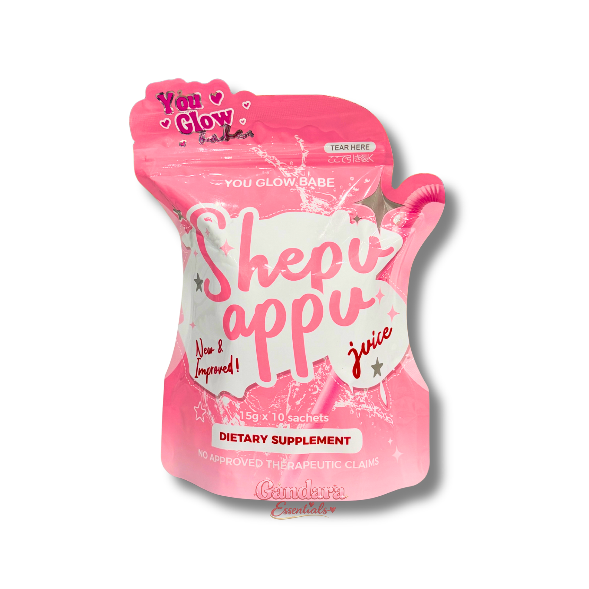 You Glow Babe Shepu Appu Juice sachets, 15g each, displayed in a box, showcasing natural herbal juice packaging.