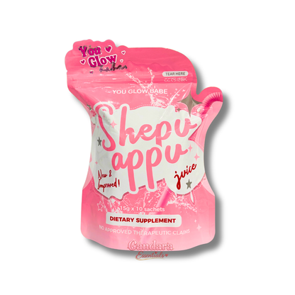 You Glow Babe Shepu Appu Juice sachets, 15g each, displayed in a box, showcasing natural herbal juice packaging.